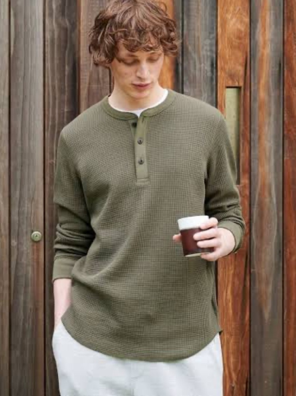 Uniqlo Grey Waffle Knit Henley Shirt Long Sleeve Mens S